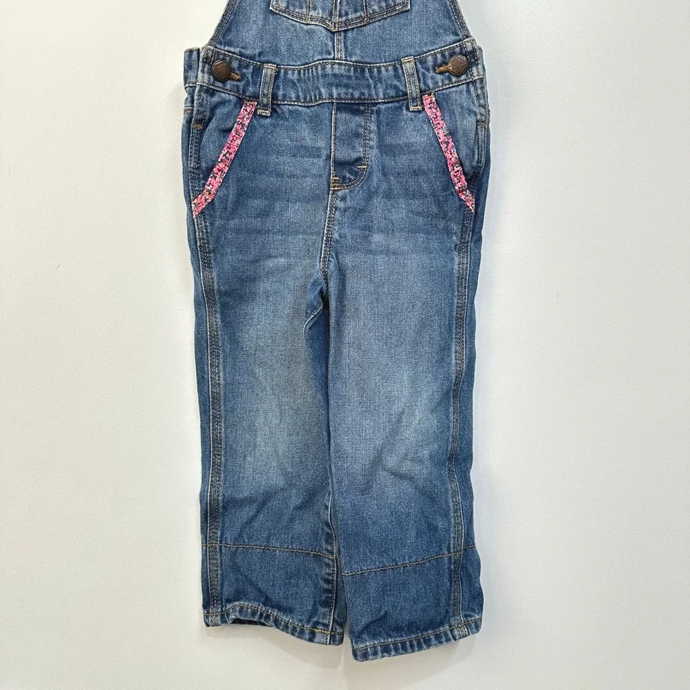 Vintage OshKosh Bgosh Girls Denim Overalls 2T Floral Pink Accent Trim Roll Cuffs